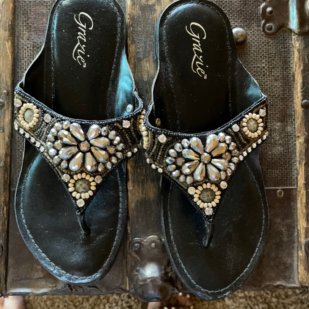 Grazie sandals, size 8.5, Black with rhinestones
